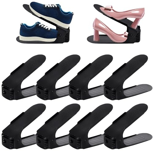 SUBTLETY Einstellbare Schuhstapler 10 Stück PP Schuhregale Höhenverstellbar Schuhorganizer Rutschfest Doppelschicht Schuhe Organisierer Schuhaufbewahrung Platzsparend Schuhschlitze Set (Schwarz)