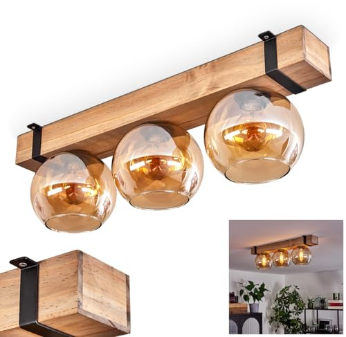 HOFSTEIN Deckenleuchte Montgomery, Deckenlampe aus Holz/Metall/Glas in Natur/Schwarz/Bernstein, Leuchte im skandinavischen Design mit Holzbalken, 3 x E27, Schlafzimmer, Wohnzimmer, Küche, Esszimmer