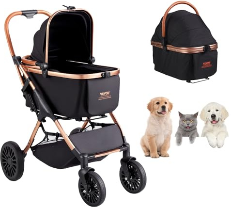 VEVOR Passeggino per animali domestici, 4 ruote con freni, capacità di carico 29,9 kg, passeggino per cuccioli con trasportino staccabile, cestino portaoggetti e tappetino per animali domestici, per