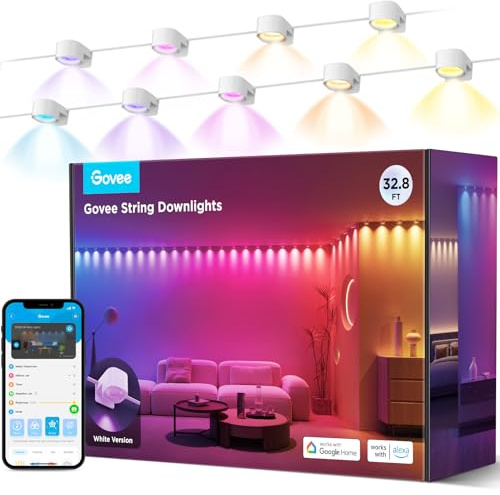 Govee RGBIC String Downlights, Smart LED String Lights Works with Alexa, Wi-Fi Color Changing Indoor Wall Light Fixture for Party, 32.8ft with 50 LEDs, Music Sync, White