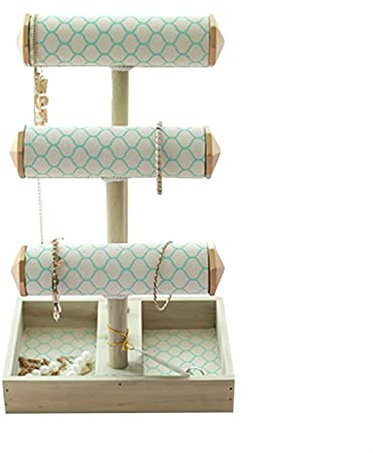 WAOCEO Schmuckständer 3-stufiger Armbandhalter in T-Form, Schmuckständer aus Holz, Armband-Organizer mit Ringablage, langer Halsketten-Armreif-Scrunchie-Uhren-Organizer Schmuck Organizer