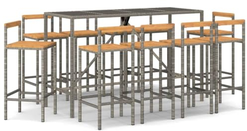 Makastle 11-teilig Gartenbar Set, Garten Sitzgruppe Essgruppe Stehtisch Barstühlen Gartenmöbel, Bartisch mit Barhocker Set für Garten Rasen, Grau Poly Rattan & Massivholz Akazie