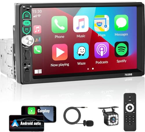 SIXWIN 1 Din CarPlay Android Auto Autoradio con 7 Pollici Schermo, Stereo Auto Bluetooth Chiamate in Vivavoce con Touch Screen FM USB AUX TF Controllo del Volante Mirror Link+Microfono+Retrocamera