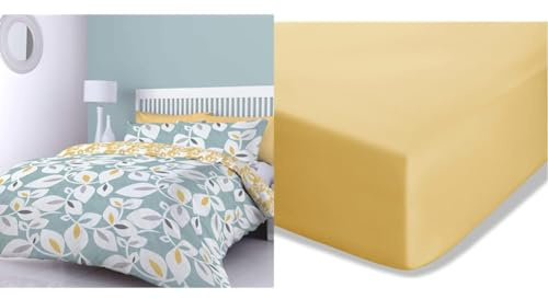 Catherine Lansfield Inga Leaf Reversible King Duvet Cover Set with Pillowcases Teal Green & Easy Iron Percale Combed King Fitted Sheet Ochre Yellow