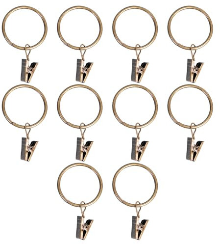 10 Pcs 1.26 inch Metal Curtain Rings with Clips, Rustproof Drapery Clips Hooks Decorative Window Curtain Hanging Rings Clips,Antique Brass