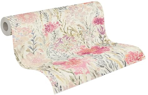 A.S. Création Blumentapete in Weiß, Bunt, Rosa, Grün, Grau - hochwertige Vliestapete floral 396952 - Designtapete gemalt auf 10,05m x 0,53m - Made in Germany