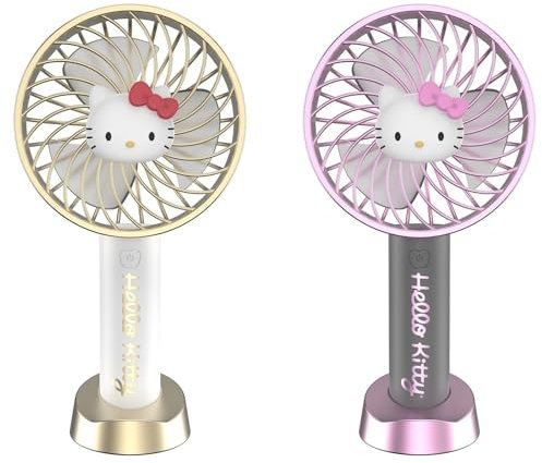 Hello Kitty Handheld Fan with Tabletop Stand - Multi-Speed Settings, Rechargeable Battery, Portable and Compact Design - Ideal for Home, Office, and Outdoor Use - Includes USB Charging Cable