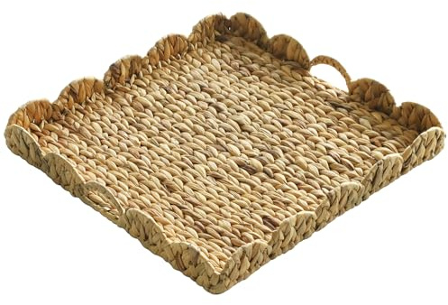 Extra Large Square Ottoman Table Tray 19.7 with Handles - Handmade Wicker Serving Hand Woven Tray for Farmhouse Decorative Oversized Coffee Table Living Room Kitchen Counter Breakfast Scalloped