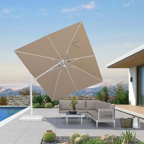 PURPLE LEAF Ampelschirm Twist 360 x 270 cm Weißer Alurahmen, Beige | 5-Fach Verstellbar, 360° Drehbar, Beidseitig Axial Schwenken, stabile Konstruktion, UV-Schutz Polyester, Elegante Optik