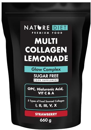 Nature Diet Multi Kollagen Limonade, Erdbeere, 5 Typen, 660 g | Glow-Komplex mit Hyaluronsäure, Vitamin C & A, 60-Tage-Vorrat, Zuckerfrei