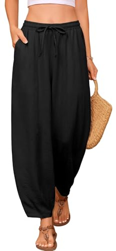 UMIPUBO Femme Pantalon Été Élégant 7/8 Pantacourt Taille Élastique Leger Chic Carotte Baggy pour des Vacances Décontractées Longueur Pants avec Poches A La Plage (Noir, XXL)