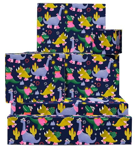 Geschenkpapier für Mädchen – 6 Blatt Dinosaurier Geschenkpapier – Dino-Cowgirls – Kaktus – marineblaues Geschenkpapier für Tochter, Enkelin, Nichte – recycelbar – von Central 23