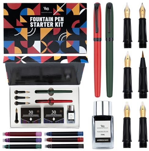 Wordsworth & Black Füller Set für Anfänger, Kalligraphie, Grün | Füllfederhalter, Pinselstift + 5 Federn, 60 Tintenpatronen + Tintenfass, Konverter, Journaling, Geschenk für Männer & Frauen