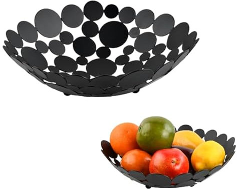 Dokeno Portafrutta, Cesto Frutta Metallo, Porta Frutta da Tavolo, Fruttiere, Fruttiera per Frutta, Verdura, Snack, Pane, Decorazioni, Elegante, Moderno, Rotondo, Nero, 29 x 29 x 9 cm
