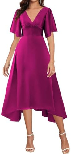 WSEYU Vestido de manga corta para madre de la novia, cuello en V, de satén, formal, vestido de noche para abuela, corto, ZM238, fucsia, 40
