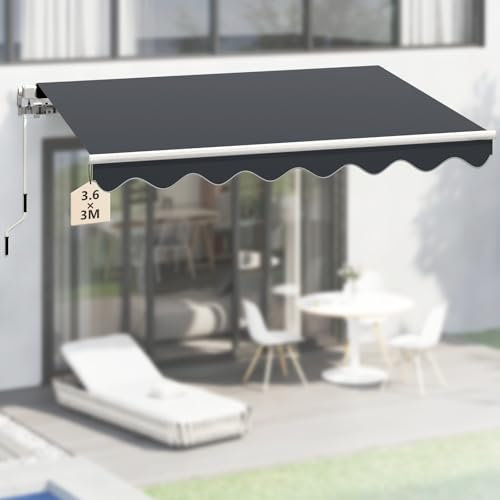 arvioo Toldo de brazo articulado con volante, proporciona sombra a tu lugar favorito, 360 cm de ancho, toldo con manivela, ángulo de inclinación ajustable, marco de aluminio, protección solar y