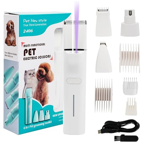 Dufuso Tondeuse Chien Professionnelle, 4 En 1 Tondeuse Chat Avec Lumière LED Et lampe violette UV, Kit Toilettage Chien Pour Chiens Et Chats, Pour Pattes, Yeux, Oreilles, Visage, Croupe (Blanc)