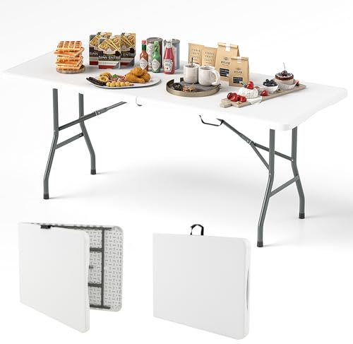 COSTWAY Tavolo Pieghevole Portatile da 180/245 cm, Tavolo da Campeggio in HDPE, Meccanismo di Blocco Sicuro, Tavolo da Picnic con Maniglia, Portata 160 kg (180 cm,Bianco)