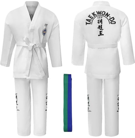 CHUIKUAJ Kimono de Karaté Traditionnelle, Kit d'arts Martiaux avec Ceinture en Mélange de Polyester et de Coton, Uniforme Léger de Judo et de Taekwondo ITF pour Enfants et Adultes,White-110