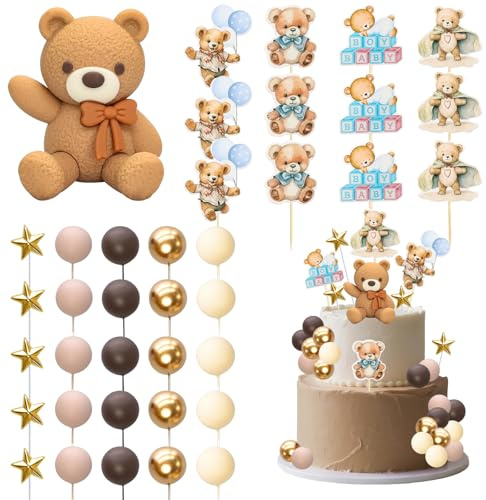 Bären Tortendeko, 38 Pcs Bär Kuchen Topper, Bären Cupcake Topper, Kugeln Tortendeko Gold Beige, Kuchen Deko Geburtstag Bär, Kugeln Deko Torte für Geburtstag Party Dekoration