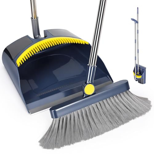 OZD Dustpan and Brush Sets Long Handle, 180° Rotating Broom and Dustpan Set, Extension Pole Sweeping Brush, Four-Layer Broom Bristle, Household Dust Pan with Comb Teeth for Kitchen, Office, Lobby