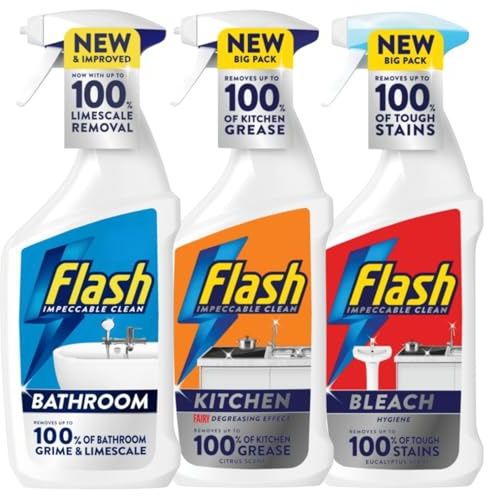 Flash Household Cleaning Bundle Gift Set, 3 x 500ml Sprays, Bathroom, Kitchen, Bleach, Spray, Multi-Surface Disinfectant, Antibacterial, Degreaser