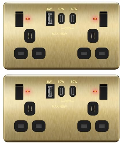 LIDER 2-Gang Switched Socket, 25W Combined Output, Stainless Steel | USB Type C&A Ports, LED Power Indicator, Always-On USB Ports, 2 Pack, Use A 35mm-Deep Back Box, UKCA Certified, Brushed Brass