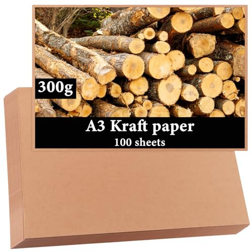 LDHHYH 100 hojas de papel kraft A3, 300 g/m², cartón para manualidades, color marrón natural, papel reciclado extragrueso para scrapbooking, tarjetas de boda y modelismo, 29,7 x 42 cm