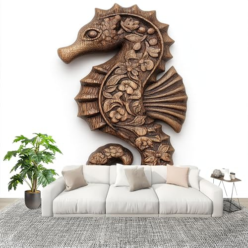Papel Pintado Panorámico 400x280 cm Madera Con Forma De Caballito De Mar Personalizable Fotomurales No Tejido Póster Pared Decoración Blanco 3D Duradero y Resistente a las manchas Fotomurales