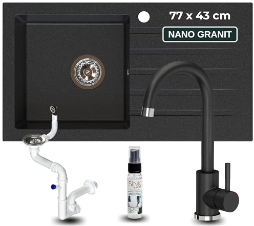 SINK QUALITY Küchenspüle gesprenkelt mit Armatur - Spülbecken 77x43 cm - inkl. Siphon und Imprägniermittel - Einbauspüle für 45er Unterschrank - Granitspüle mit Abtropffläche