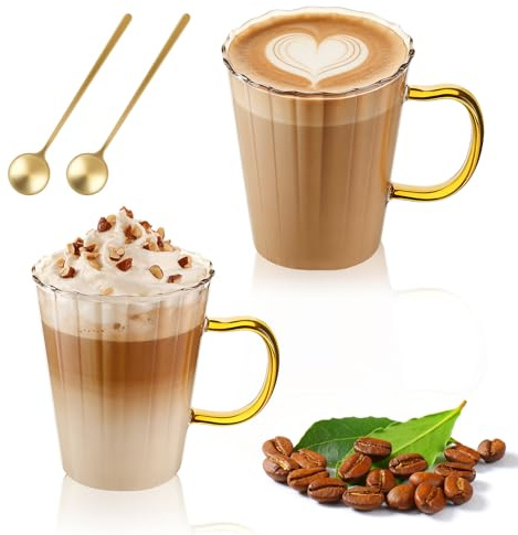 LOOFORE Glass Coffee Mugs 350ml Set of 2, Classic Stripe Latte Glasses for Hot/Cold Drinks with Handle & Spoon, Borosilicate Clear Ribbed Tea Cups for Cappuccino Macchiato Espresso Tea Milk Juice Beer