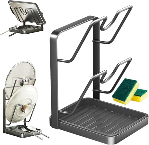 Genérico Estante Tapas Ollas, 2026 Soporte Para Tapas con Bandeja, Soporte Para Tapas Mientras se Cocina, Soporte Organizador Multifuncional Para La Cocina (Gray-Double layer)