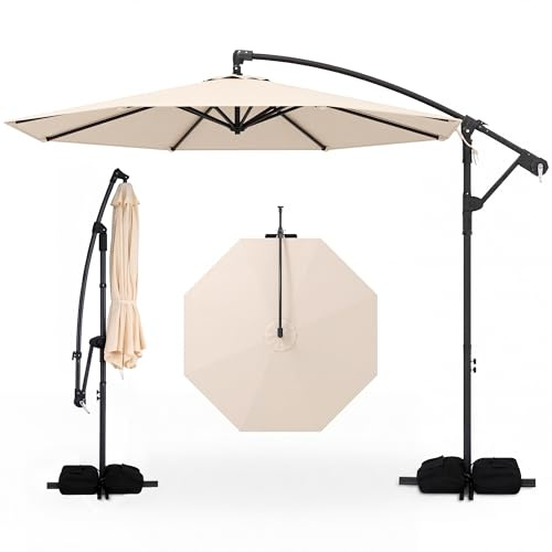 GOPLUS 3x3 m Sombrilla Terraza Exterior con Base, Parasol Excéntrico con Manivela, Rotación de 360°, 8 Varillas, Sacos de Arena y Ventilación, Sombrilla Jardin (con Base sin LED,Beige,3 m)