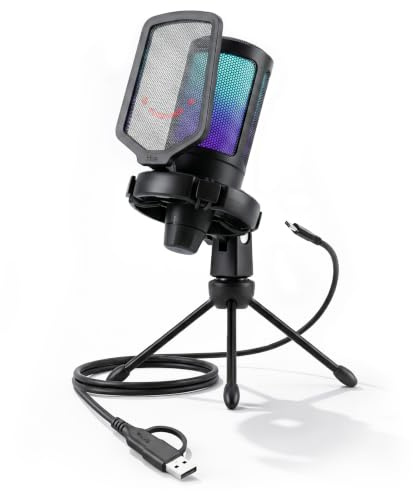 FIFINE Gaming Microfono para PC PS4 PS5, USB Typ-A/C Condensador Micrófono de Cardioide para Ordenador Podcast Streaming Studio, con RGB, Botón de Silencio, Trípode, Filtro Anti-Pop, Soporte de Choque