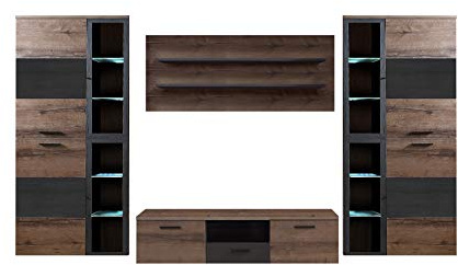 FORTE Durango Wohnwand mit 5 Türen, 3 Glastüren und 1 Schublade, Holzwerkstoff, Schwarz Eiche/Schlammeiche, 203 x 296 x 52 cm