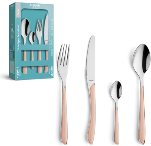 Kuppels Prisma Besteck Set für 6 Personen aus Edelstahl poliert | Besteckset 24-teilig | Hochwertige Kunststoff-Griffschalen in Apricot | Rostfrei | Essbesteck für 6 Personen | Spülmaschinenfest