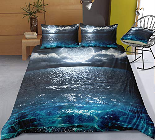 FANSU Bettbezug Bettwäsche Set 3 teilig, Mikrofaser 3D Meer Ozean Bedrucktes Bettwäsche-Set Kopfkissenbezug Bettbezug mit Reißverschluss Schließung (135x200cm-2pcs,Mondschein)