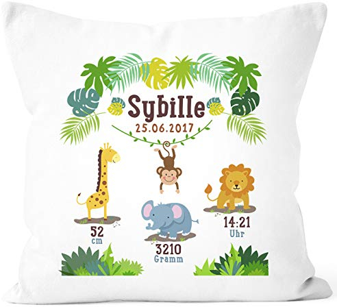 SpecialMe® Geburtskissen Dschungel Safari Löwe Elefant Giraffe Namenskissen personalisierbares Kissen zur Geburt Junge Mädchen, Kissen-Bezug ohne Füllung weiß Unisize