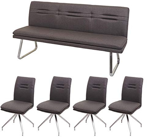 Mendler Esszimmer-Set HWC-H70 Stoff/Textil - grau-braun 180cm | Sitzgruppe, Esszimmergruppe, Esszimmergarnitur, Edelstahl, gebürstet