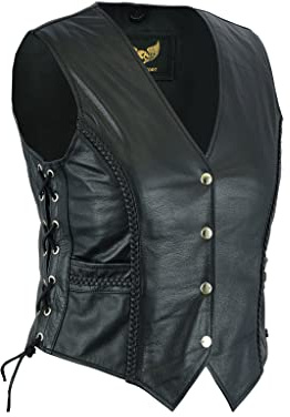 Leatherick Women Top Grain Genuine Buffalo Black Ladies Leather Vests for Motorcycle Bikers (as1, alpha, l, regular, regular, Black (With Braid), L)