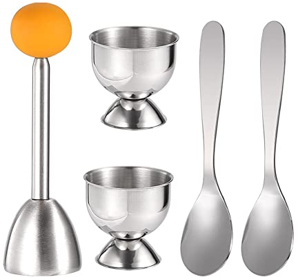 LAUGHERER Lot de 2 coquetiers, 2 cuillères en métal et 1 coupe-œuf souple et dur Argenté