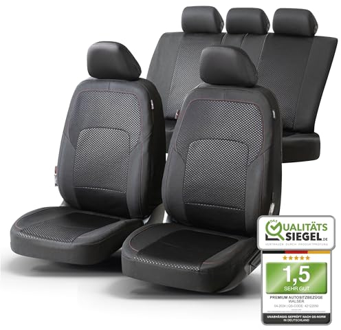 Walser Premium Autositzbezüge Logan mit Reißverschluss Qualitätssieger Sehr Gut* Sitzbezüge Auto, Zipp-IT Schonbezüge Komplettset, 2 Vordersitzbezüge, 1 Rücksitzbezug schwarz/rot 11861