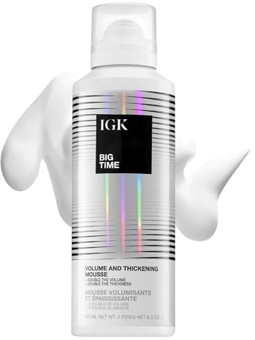 IGK BIG TIME Volume & Thickening Mousse | Flexible Hold Volumizing Styling Foam for Fine, Flat or Curly Hair | Lightweight Body, Frizz Control & Heat Protection | Vegan + Cruelty Free | 6.2 Oz