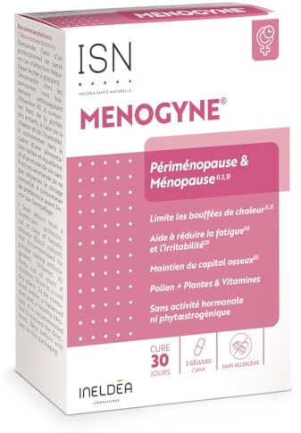 ISN Menogyne®, Ménopause & Préménopause, Pollen, Rhodiole, Cure 30 jours | Confort en ménopause, bouffées de chaleur, sueurs nocturnes, vitamines B6 B9 B12, cure 30 jours