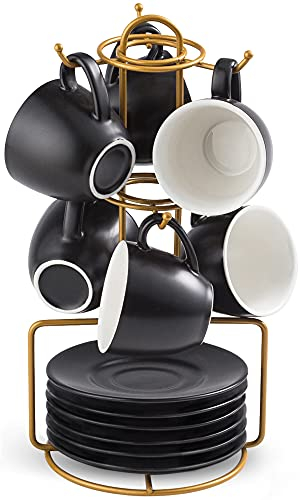 YHOSSEUN Lot de 6 tasses à expresso avec soucoupes, tasses à latte en porcelaine et support en métal pour expresso, latte, café, moka, cappuccino et thé, noir