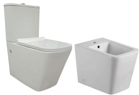 Pack Wc Inodoro Completo Cerámico Blanco Fondo Reducido Rimless y Tapa Extrafina Caída Amortiguada + Bidet a Suelo de Baño Moderno - Sin tapa y Fácil Limpieza ADRA (Pack Wc + Bidet)