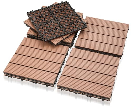 Jiubiaz Terrassenfliesen WPC Holz-Kunststoff-Verbundwerkstoff Fliesen, 30x30cm, 33 Stück, Braun, Balkonfliesen Klickfliesen Garten Decking Déco, Wasserdicht, korrosionsbeständig und