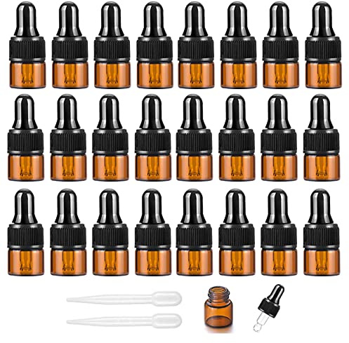 Alledomain 24Pcs, 1Ml Amber Glass Sample Dropper Bottles, Empty Mini Bottles with Dropper Pipettes Plastic Cap Refillable Small Sample Vials Container for Essential Oils Perfume Cosmetic Liquid