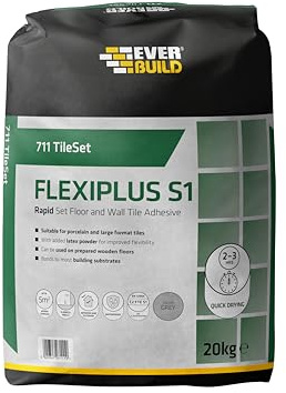 Everbuild 711 TileSet Flexiplus S1 Floor And Wall Tile Adhesive – Ready Mixed – Anti-Mould – Water Resistant – High Strength – White – 20kg | A Quick Setting, Flexible Floor And Wall Tile Adhesive