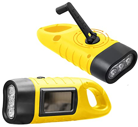 SBUENAM Lampe de poche solaire rechargeable à manivelle, 2 pcs, Jaune, 86g, 4.5 x 3.2 x 12.4 cm, LED, ABS, Batteries NiMH rechargeables, Clip-on, 1 lumière, Pour camping, runner